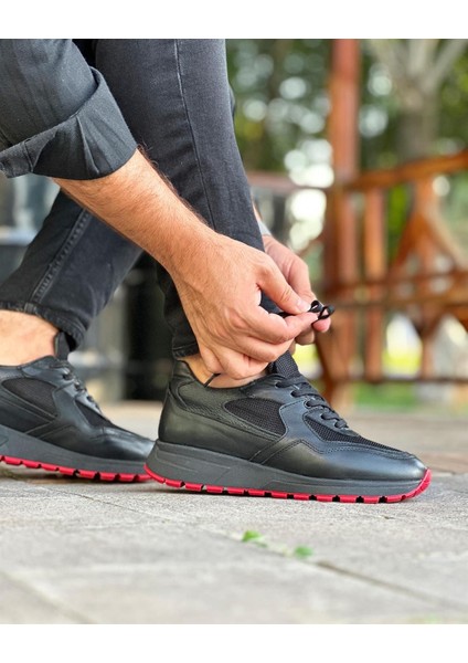 0025 Deri Siyah Süet Garnili Erkek Sneaker Ayakkabı