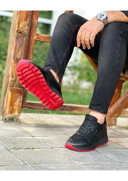 0025 Deri Siyah Süet Garnili Erkek Sneaker Ayakkabı