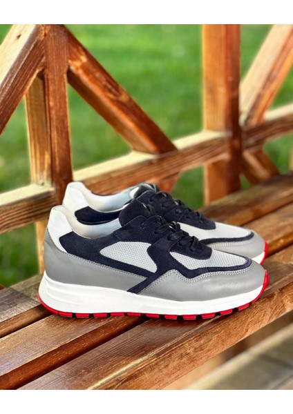 0025 Deri Gri Garnili Erkek Sneaker Ayakkabı