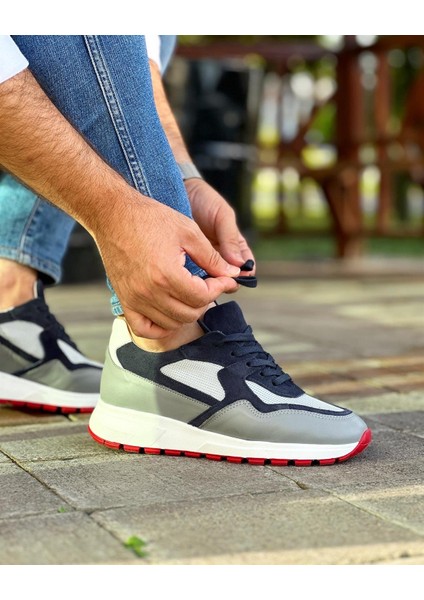 0025 Deri Gri Garnili Erkek Sneaker Ayakkabı