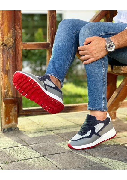 0025 Deri Gri Garnili Erkek Sneaker Ayakkabı
