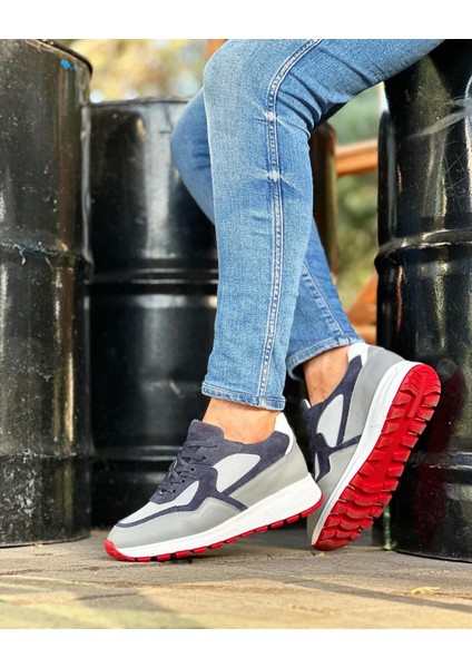 0025 Deri Gri Garnili Erkek Sneaker Ayakkabı