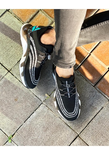 0386 Deri Hasır Keten Siyah Sneaker Erkek Ayakkabı
