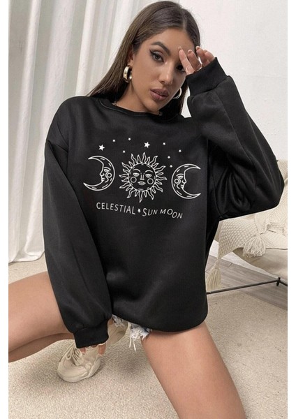 Ay Baskılı Siyah Oversize Sweatshırt