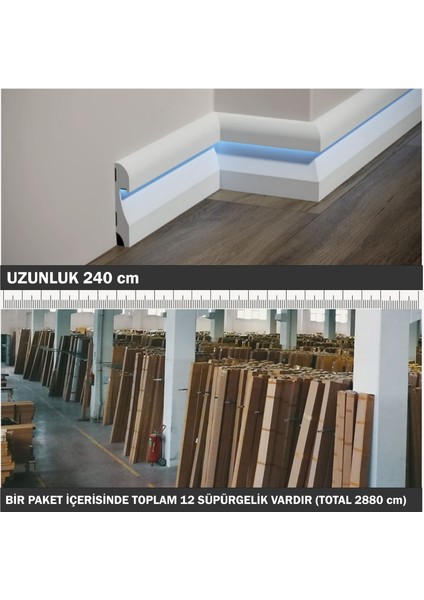 11.5 cm Polimer Beyaz Ledli Lake Süpürgelik, LED Kanallı ASL-002 ( 1 Adet Sipariş 240 Cm'dir)