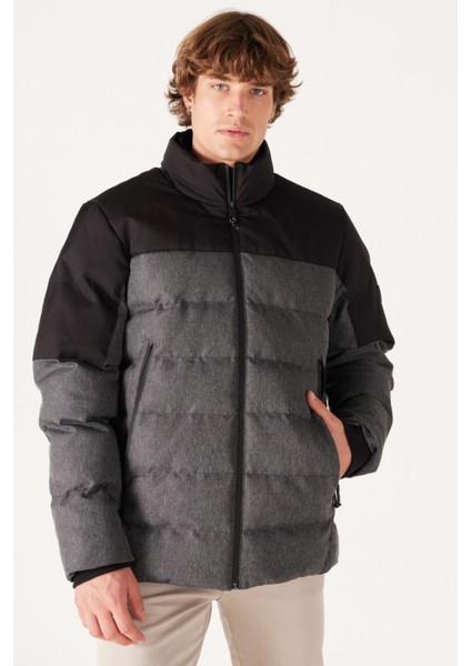 Regular Fit Normal Kesim Dik Yaka Siyah Gri Şişme Mont