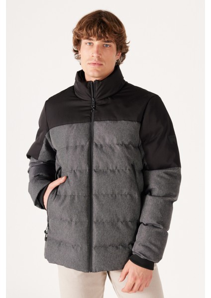 Regular Fit Normal Kesim Dik Yaka Siyah Gri Şişme Mont