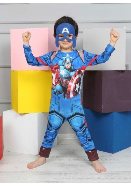 Lolli Boom Kids Erkek Çocuk Marvel Efsanevi Karakter Kaptan Amerika Kostüm Sırt Fermuarlı Keçe Maske Dahildir