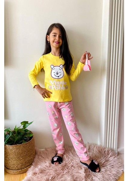 Pija Kids Sarı Ayıcık Baskılı Yazılı Kız Çocuk Pijama Takımı 16926