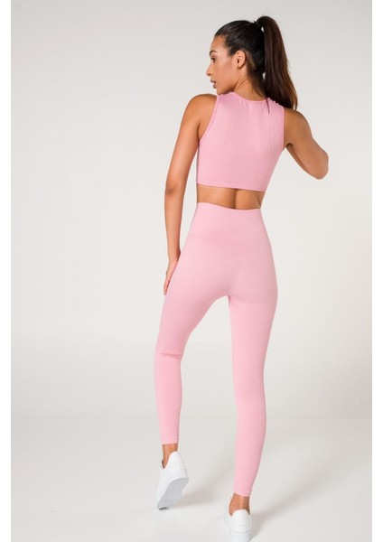 Toparlayıcı Dikişsiz Tayt Crop Top Fitilli Büstiyer Takım Pembe