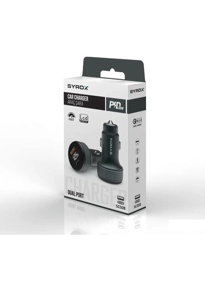 Syrox SC30B LED Ekran Metal 30W Pd Oto Başlık Şarj Cihazi