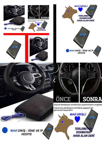 Volkwagen Polo 1/2 Uyumlu Oto,araba Direksiyon Kılıfı Mavi Dikiş