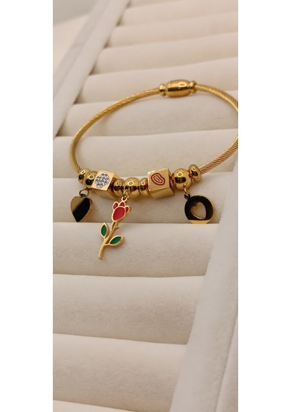 Çelik Bileklik Kırmızı Gül Charm