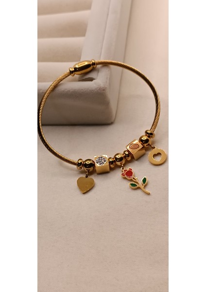 Çelik Bileklik Kırmızı Gül Charm