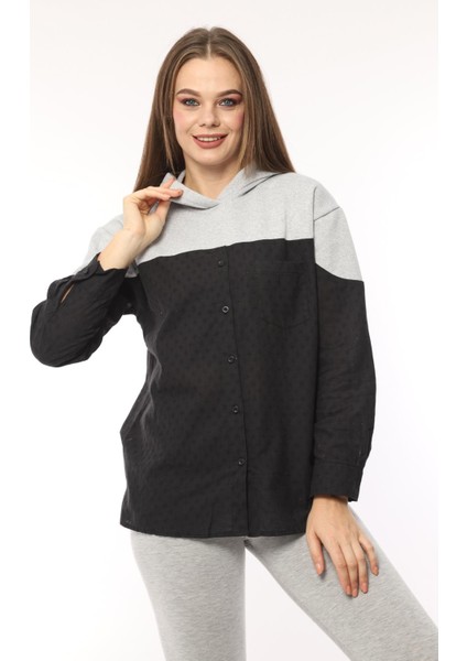 Pikka Online Kadın Gri Siyah Geniş Kalıp Sweatshirt Baharlık Ceket Gömlek