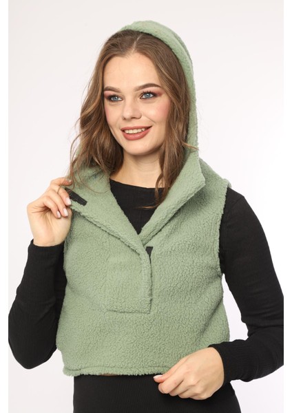 Kadın Kapüşonlu Cepli Tasarım Yaka Spor Şık Mint Yeşil Peluş Yelek modelleri