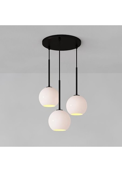 Metal Modern Siyah Yuvarlak 3 Lü Opal Camlı Avize