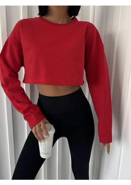 Kırmızı Oversize 2 İplik Şardonlu Crop Sweatshirt