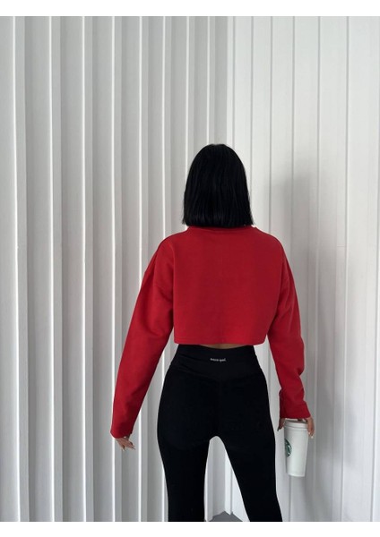 Kırmızı Oversize 2 İplik Şardonlu Crop Sweatshirt