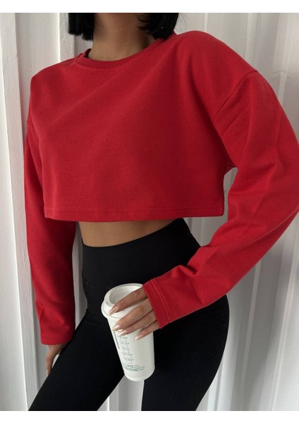 Kırmızı Oversize 2 İplik Şardonlu Crop Sweatshirt