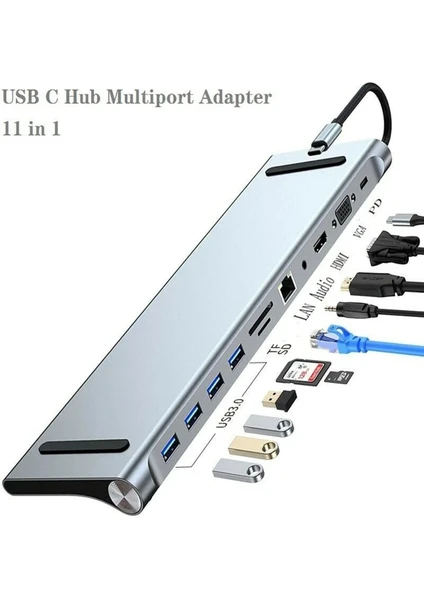 Filli Kutum 11 In 1 Çoklayıcı USB Type C Hub 3.0  Adaptör 4K HDMI Uyumlu RJ45 Sd/tf VGA HDMI Pd MacBook