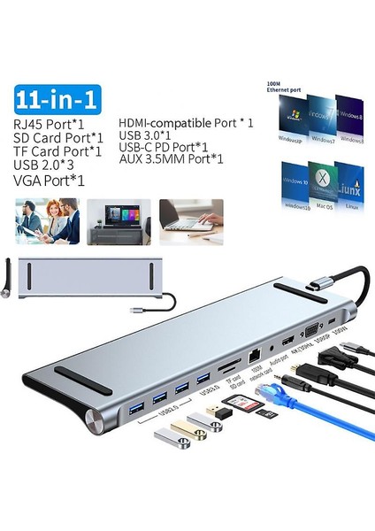 Filli Kutum 11 In 1 Çoklayıcı USB Type C Hub 3.0  Adaptör 4K HDMI Uyumlu RJ45 Sd/tf VGA HDMI Pd MacBook