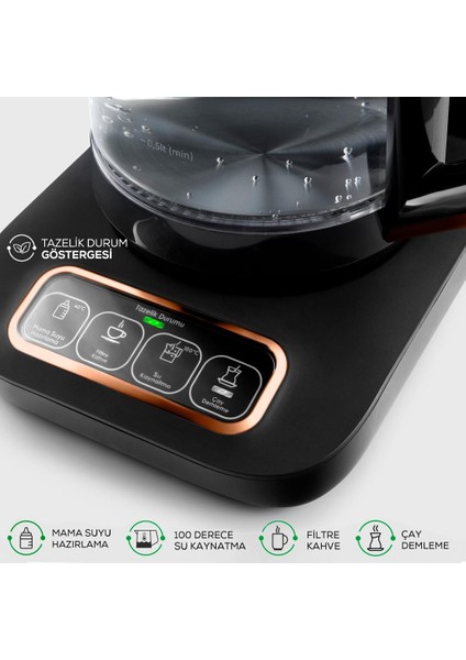 Çaysever Robotea Pro 4 In 1 Konuşan Otomatik Premium Cam Çay Makinesi Su Isıtıcı ve Filtre Kahve Demleme Makinesi 2500W Black Copper