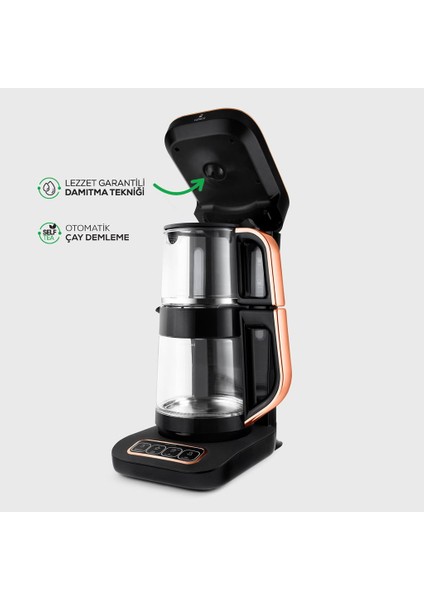 Çaysever Robotea Pro 4 In 1 Konuşan Otomatik Premium Cam Çay Makinesi Su Isıtıcı ve Filtre Kahve Demleme Makinesi 2500W Black Copper