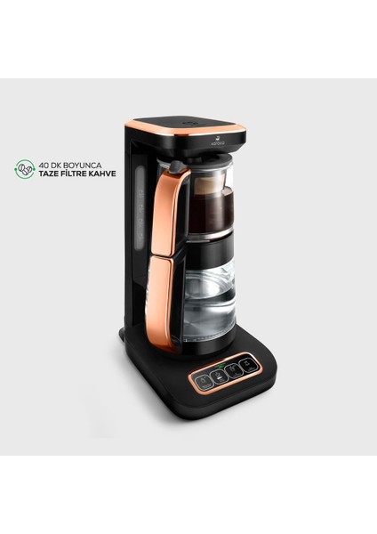 Çaysever Robotea Pro 4 In 1 Konuşan Otomatik Premium Cam Çay Makinesi Su Isıtıcı ve Filtre Kahve Demleme Makinesi 2500W Black Copper