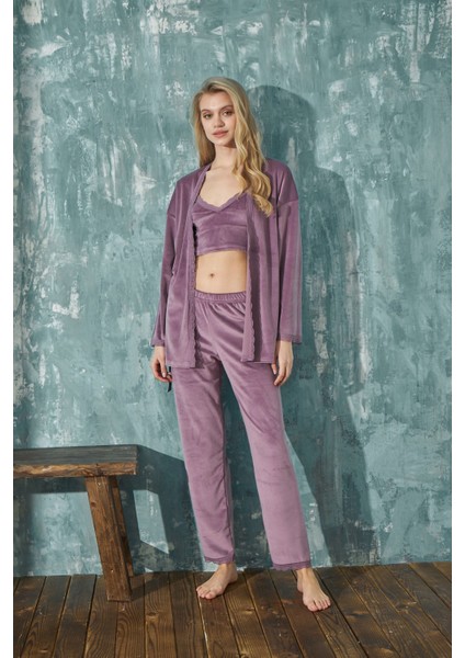 Kadın Crop Fransız Kadife Sabahlıklı Dantel Detaylı Bralet Pijama Takımı 3lü Set