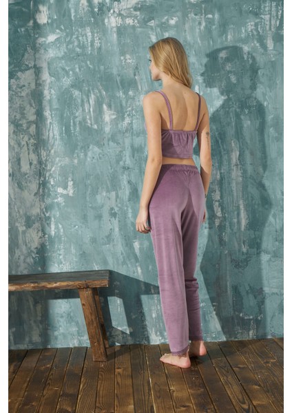 Kadın Crop Fransız Kadife Sabahlıklı Dantel Detaylı Bralet Pijama Takımı 3lü Set fırsatları