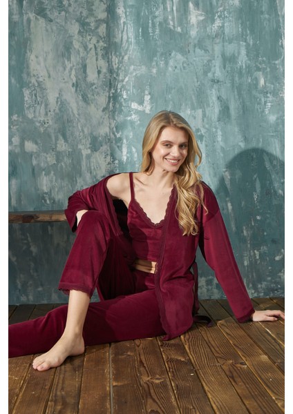 Kadın Crop Fransız Kadife Sabahlıklı Dantel Detaylı Bralet Pijama Takımı 3lü Set