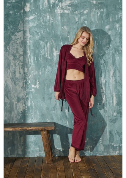 Kadın Crop Fransız Kadife Sabahlıklı Dantel Detaylı Bralet Pijama Takımı 3lü Set fiyatları