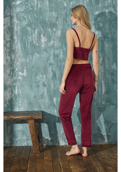Kadın Crop Fransız Kadife Sabahlıklı Dantel Detaylı Bralet Pijama Takımı 3lü Set fırsatları