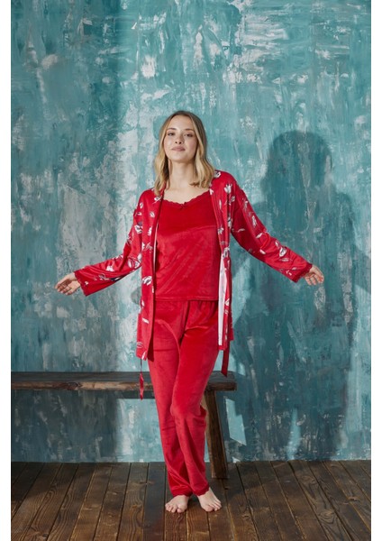 Kadın Çiçekli Fransız Kadife Ip Askılı Sabahlıklı Dantel Detaylı Pijama Takımı 3lü Set