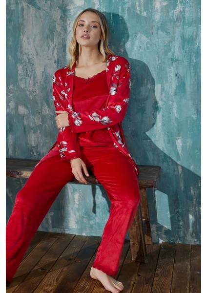 Kadın Çiçekli Fransız Kadife Ip Askılı Sabahlıklı Dantel Detaylı Pijama Takımı 3lü Set fiyatları