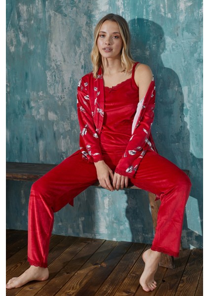 Kadın Çiçekli Fransız Kadife Ip Askılı Sabahlıklı Dantel Detaylı Pijama Takımı 3lü Set fırsatları