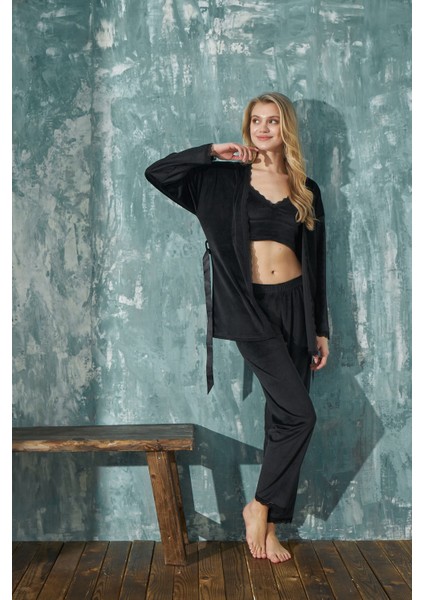 Kadın Crop Fransız Kadife Sabahlıklı Dantel Detaylı Bralet Pijama Takımı 3lü Set fiyatları