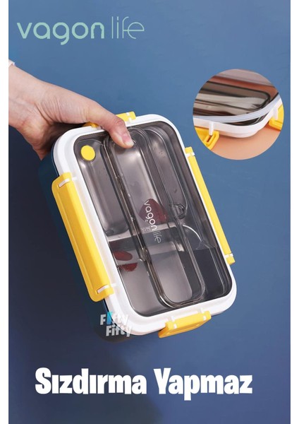 Bento Lunch Box Ofis-Okul Için Yeni Nesil Sefer Tası Tek Kat 3 Bölme Çatal ve Kaşıklı -Paslanmaz Çelik FF528 fiyatları