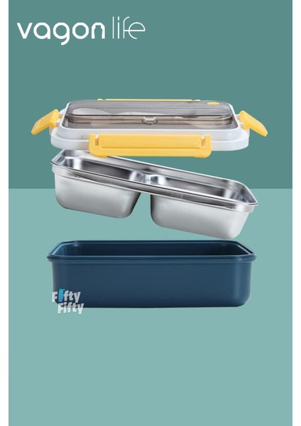 Bento Lunch Box Ofis-Okul Için Yeni Nesil Sefer Tası Tek Kat 3 Bölme Çatal ve Kaşıklı -Paslanmaz Çelik FF528 modelleri