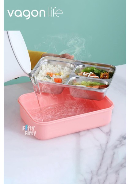 Bento Lunch Box Ofis-Okul Için Yeni Nesil Sefer Tası Tek Kat 3 Bölme Çatal ve Kaşıklı -Paslanmaz Çelik FF528