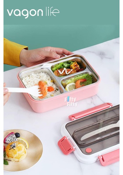 Bento Lunch Box Ofis-Okul Için Yeni Nesil Sefer Tası Tek Kat 3 Bölme Çatal ve Kaşıklı -Paslanmaz Çelik FF528