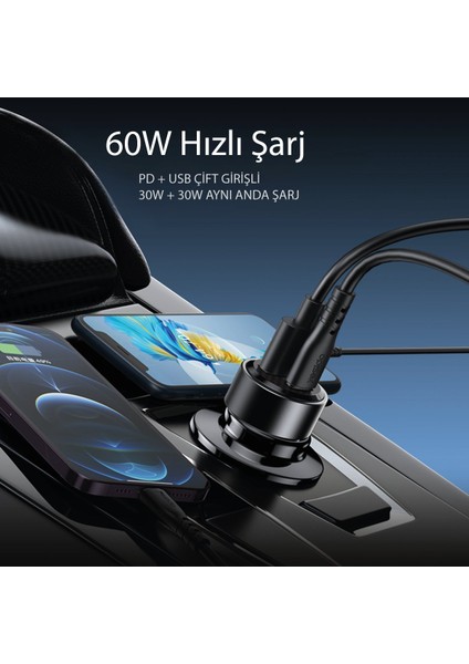 Y54 1 Adet 30W USB / 1 Adet 30W Type-C ve 20W Type-C To Lightning Kablolu Pd Hızlı Araç Şarj