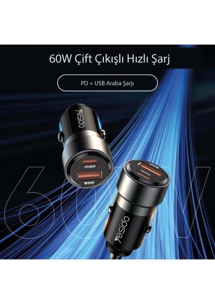 Y54 1 Adet 30W USB / 1 Adet 30W Type-C ve 20W Type-C To Lightning Kablolu Pd Hızlı Araç Şarj