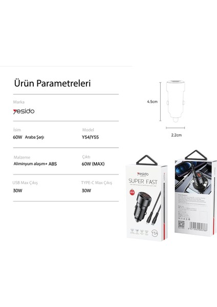 Y54 1 Adet 30W USB / 1 Adet 30W Type-C ve 20W Type-C To Lightning Kablolu Pd Hızlı Araç Şarj