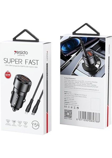 Y54 1 Adet 30W USB / 1 Adet 30W Type-C ve 20W Type-C To Lightning Kablolu Pd Hızlı Araç Şarj