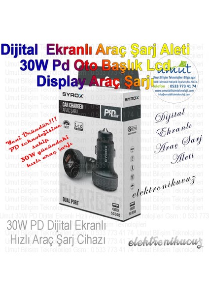 SC30B LCD Ekran 30W Pd Oto Başlık LCD Display Araç Şarjı Pd 30W Dijital Başlıklı Araç Çakmaklık Şarj Aleti