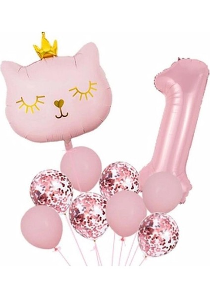 Taçlı Pembe Kedi 1 Yaş Folyo Balon Set