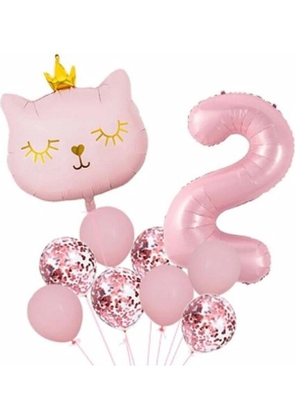 Taçlı Pembe Kedi 2 Yaş Folyo Balon Set
