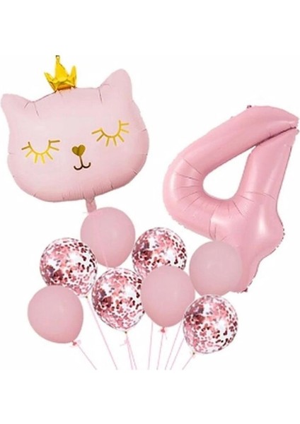 Taçlı Pembe Kedi 4 Yaş Folyo Balon Set